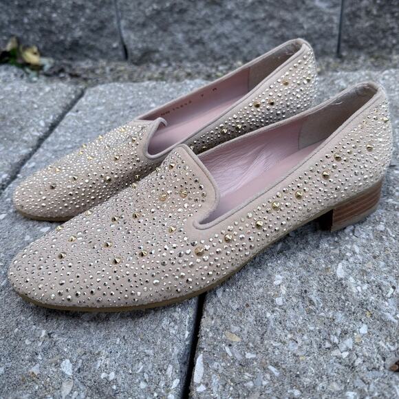 STUART WEITZMAN gold studded jeweled spikes Slipbeads slide on leather loafer - Picture 4 of 10